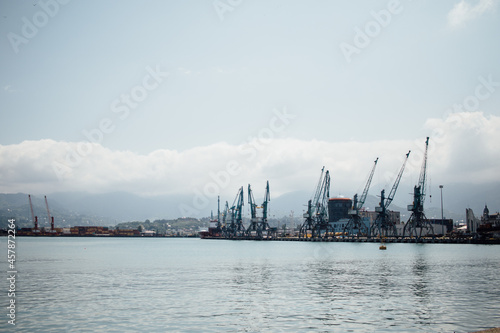Port view with cranes by the sea with large clouds in the background © kvoronov