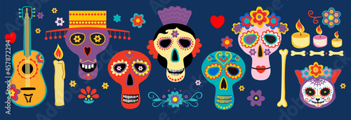 Set of mexican festive symbols of day of the dead including skulls, candles, musical instrument isolated vector illustration. Set of Illustration of mexican sugar skull. Vector illustration