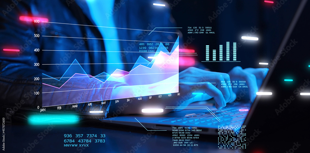 Digital marketing data analytic technology, businessman using laptop computer to manage business marketing sale commercial media data. Digital marketing data analytic technology, businessman using laptop computer to manage business marketing sale commercial media data.