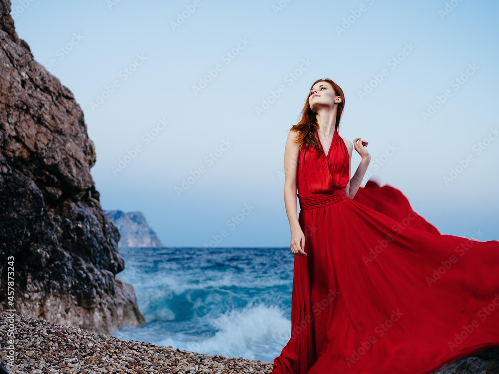 pretty woman in red dress luxury posing fashion beach pretty woman in red dress luxury posing fashion beach