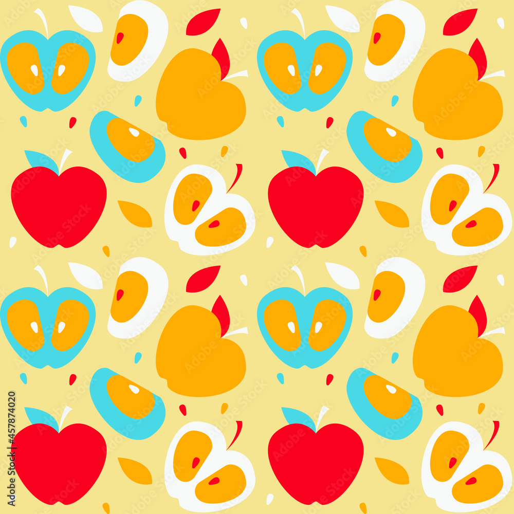 Vector graphics - a seamless pattern with whole ripe apples and slices of trendy bright colors. Concept-wrapping paper and seasonal harvest Vector graphics - a seamless pattern with whole ripe apples and slices of trendy bright colors. Concept-wrapping paper and seasonal harvest
