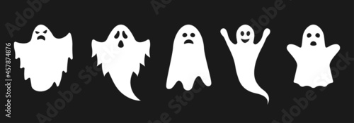 Ghost icon set with cute cartoon spooky, scary, happy and funny faces. Halloween symbol. Vector illustration.