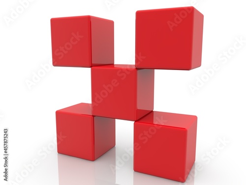 Five red toy blocks on a white background