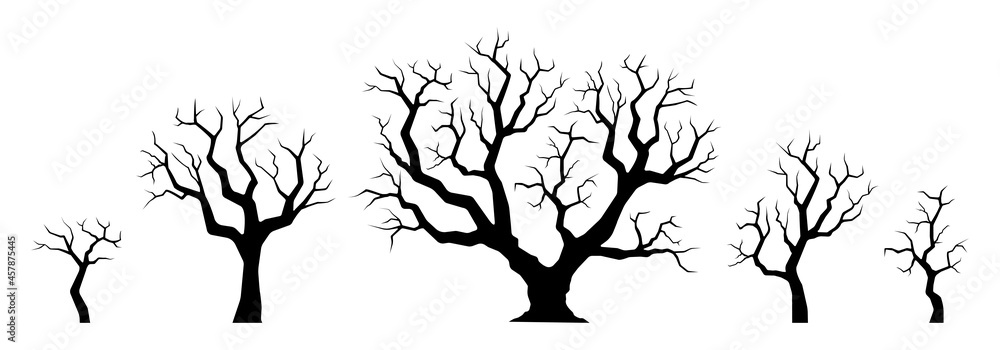 Naked tree silhouette set. Winter trees with bare branches. Vector illustration.