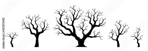 Naked tree silhouette set. Winter trees with bare branches. Vector illustration.