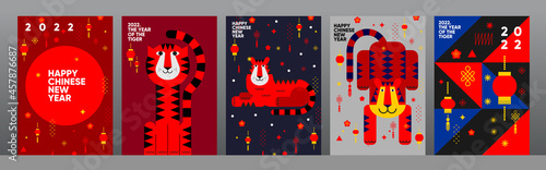 2022. Year of the tiger. Happy Chinese new year. Set of vector illustrations. Holiday background for a poster, banner, postcard, cover.