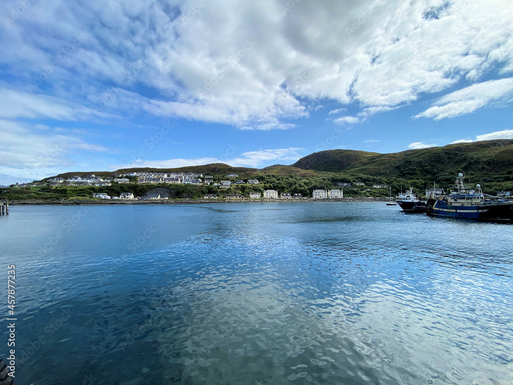 A view of Mallaig Harbour in Scotland showing the fishing boats