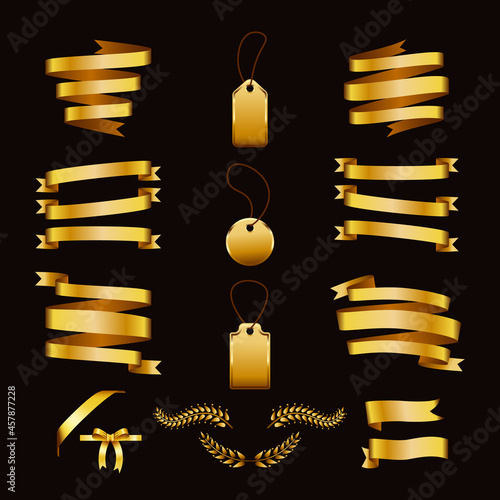 Set of gold banner ribbons, curved laurel branches, bow. Color vector illustration for advertising, discount, greeting banners. Isolated background.