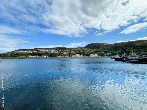 A view of Mallaig Harbour in Scotland showing the fishing boats