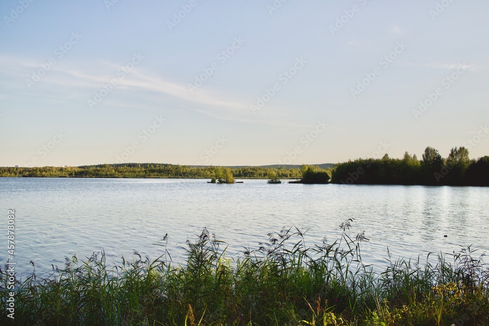 Natural landscape overlooking the water and forest in Yekaterinburg