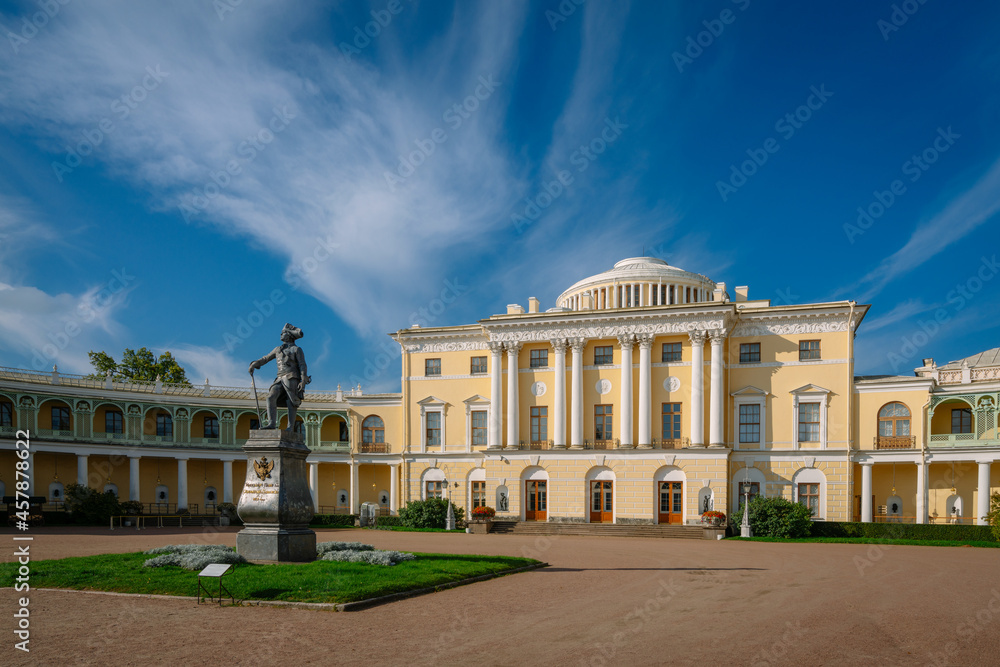 View of the Summer Palace of Emperor Paul I in Pavlovsk on a sunny autumn morning, St. Petersburg Russia. The inscription on the monument: 