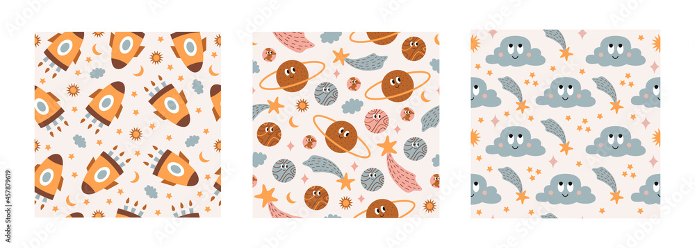 Modern colorful set  seamless pattern with space elements on pastel background. Cute vector cartoon illustration	