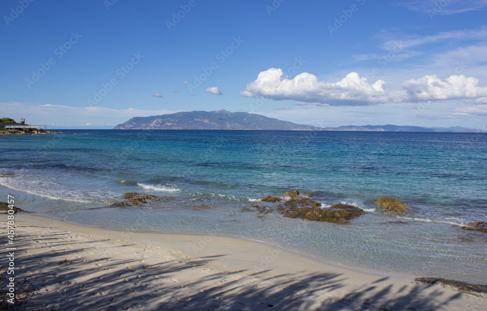 Summer seascape. View of the island of Elba from the island of Pianosa. Sea with small rocks, yellow sand with plant shadows. Relaxation concept, vacation concept.