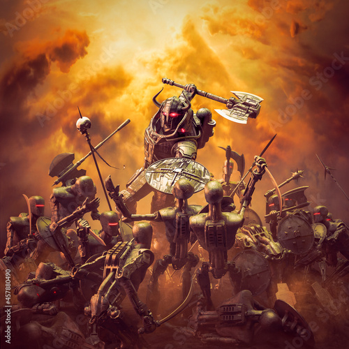 Futuristic viking in battle - 3D illustration of science fiction robot knight with horned helmet fighting army of androids under heavenly clouds