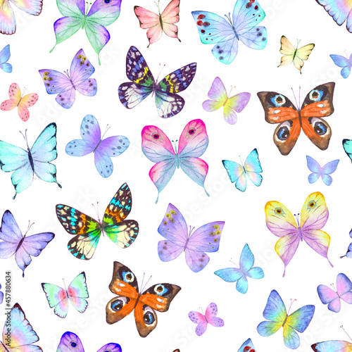 Seamless botanical summer pattern with colorful watercolor butterflies © Olga