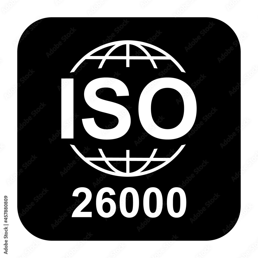 Obraz premium Iso 26000 icon. Social Responsibility. Standard quality symbol. Vector button sign isolated on black background