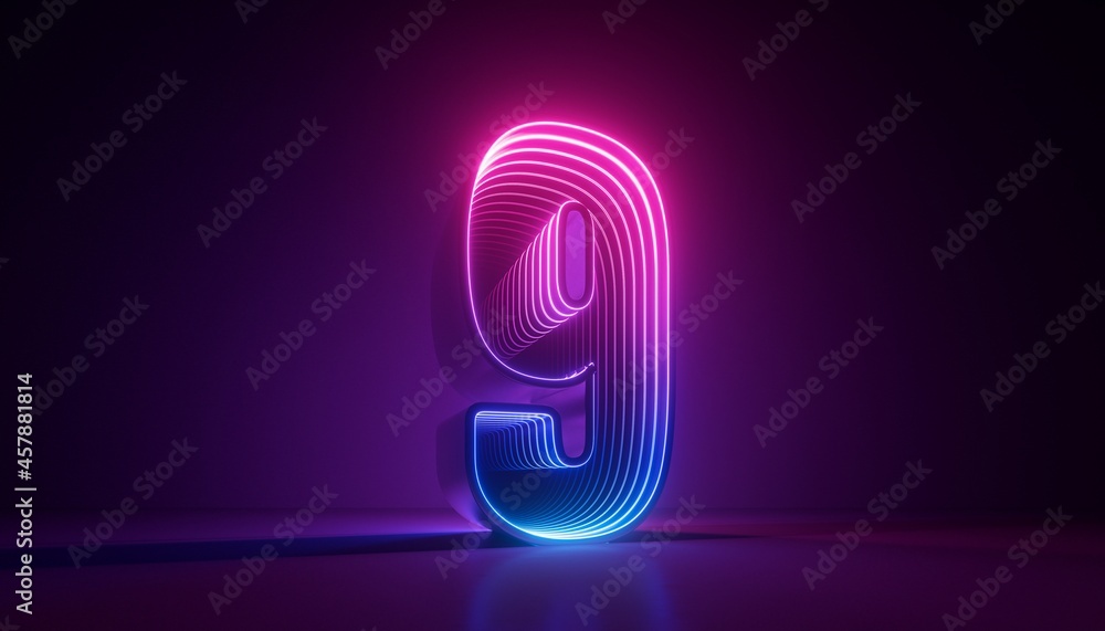 Fototapeta premium 3d render, number nine, digital symbol, pink blue gradient neon light glowing in the dark