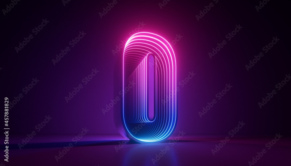 3d render, number null, digital zero symbol, pink blue gradient neon light glowing in the dark - obrazy, fototapety, plakaty 