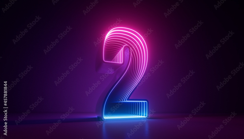 3d render, number two, digital symbol, pink blue gradient neon light glowing in the dark 3d render, number two, digital symbol, pink blue gradient neon light glowing in the dark