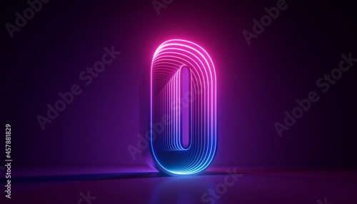 3d render, number null, digital zero symbol, pink blue gradient neon light glowing in the dark photo