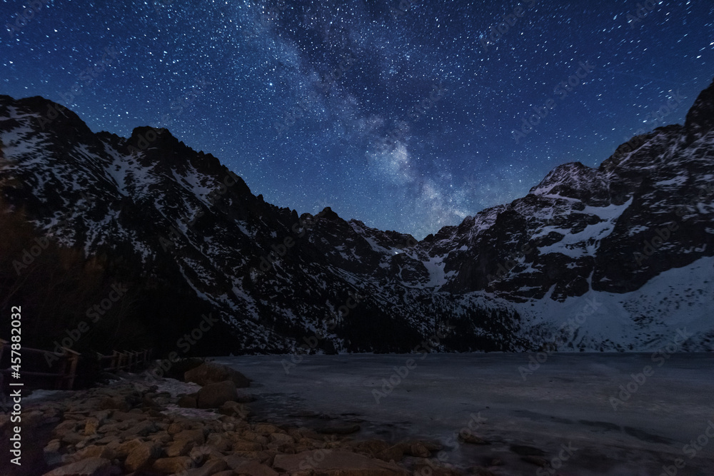 Bright starry sky with the milky way on the background of High Tatras mountains Bright starry sky with the milky way on the background of High Tatras mountains