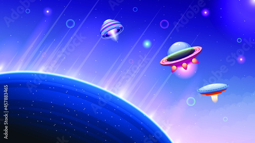 Abstract Aliens On Flying Saucers In Dark Space Constellations Planet Background Gradient Unidentified Flying Object Ufo Stars Vector Design Style
