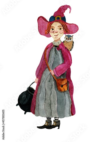 Witch with owl and pot in burgundy color hat and cloak. Watercolor character in cartoon style. Isolated image on white background