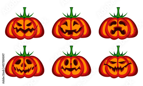 Set of funny halloween pumpkins with different faces. Flat illustration. Vector graphic