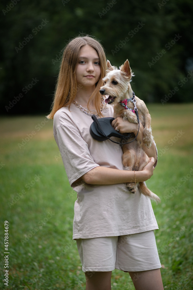 Portrait of a young beautiful blonde girl with a Yorkshire terrier in her arms. Portrait of a young beautiful blonde girl with a Yorkshire terrier in her arms.