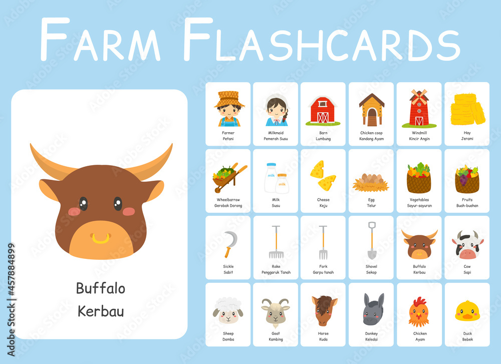Vetor de Cute Farm bilingual flashcards vector set. Cute bilingual ...