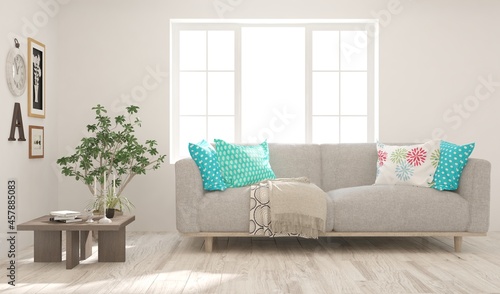 White living room with sofa. Scandinavian interior design. 3D illustration