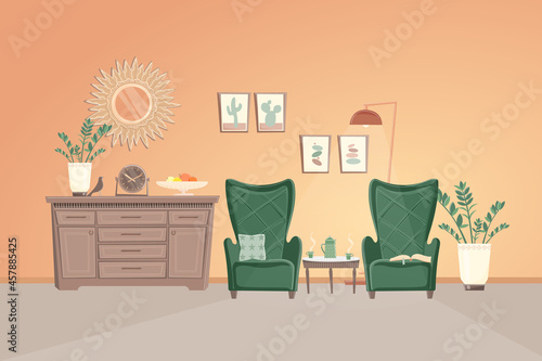 living room interior. Two cozy armchairs, a tea table, cups, a lamp, a sideboard, a mirror, a clock, a fruit bowl, a houseplant. Vector flat illustration.
