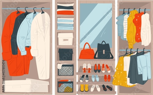Wardrobe or shelves in store clothes accessories