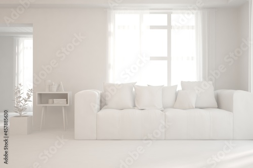 White minimalist living room with sofa. Scandinavian interior design. 3D illustration