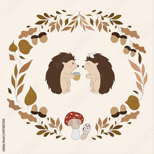 A cute pair of hedgehogs around autumn leaves, acorns and mushrooms. Autumn illustration