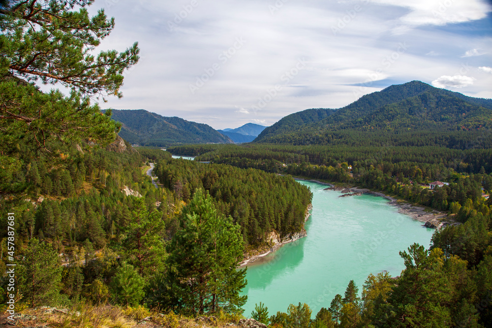 Altai Mountains, Katun River, View Of The Turquoise River Katun And Altai Mountains, Autumn Season