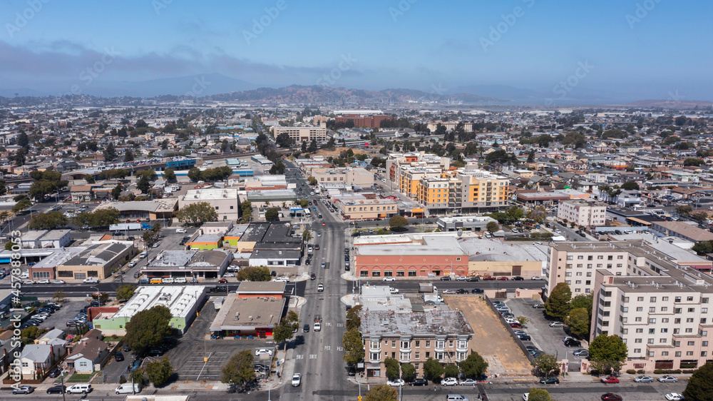 Daytime aerial view of the downtown Bay Area city of Richmond, California, USA.
