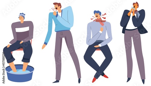 Person caught flu or illness coughing and sneezing