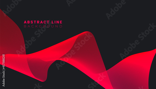 Trendy dynamic red flowing waves. Horizontal abstract spun lines on dark background.