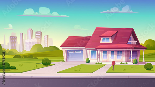 Village or country street with suburban house, residential cottage, exterior.Two storey dwelling place with garage,lawn
