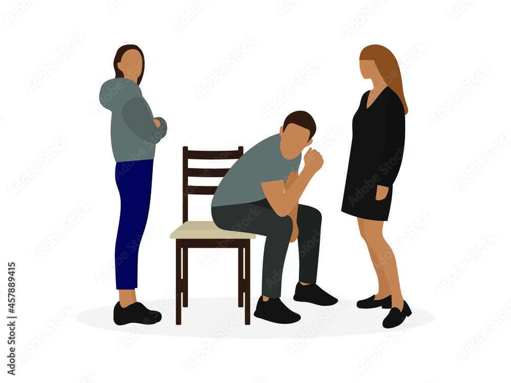 Fototapeta premium A male character is sitting on a chair and two female characters are standing next to him on a white background