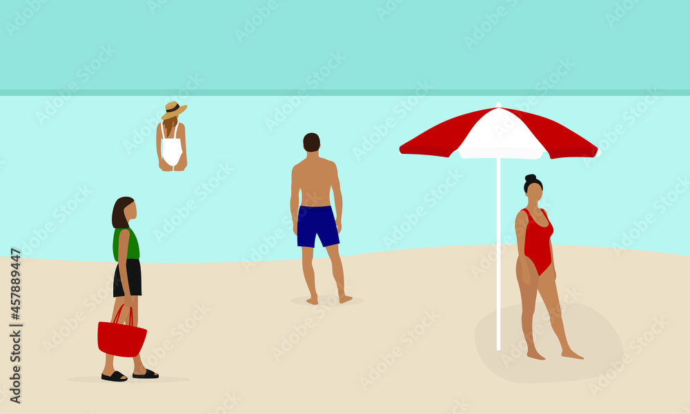 Male character and female characters on the beach in summer