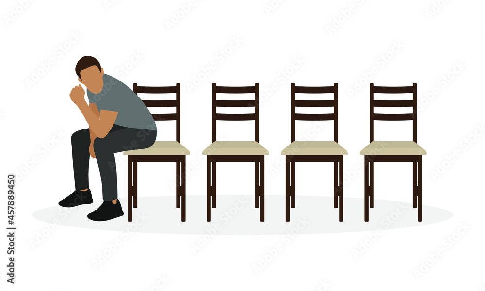 Male character sitting on one of four chairs on a white background Male character sitting on one of four chairs on a white background