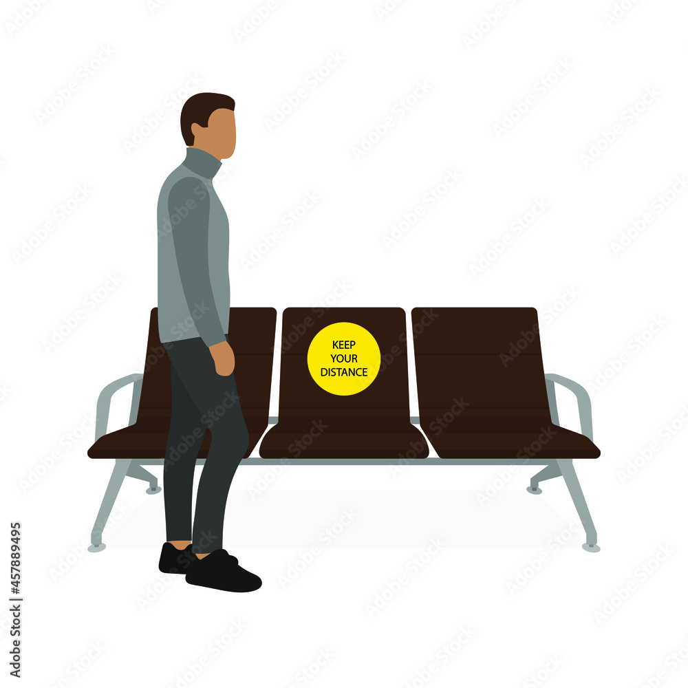 A male character stands near a seat with a keep your distance sticker A male character stands near a seat with a keep your distance sticker
