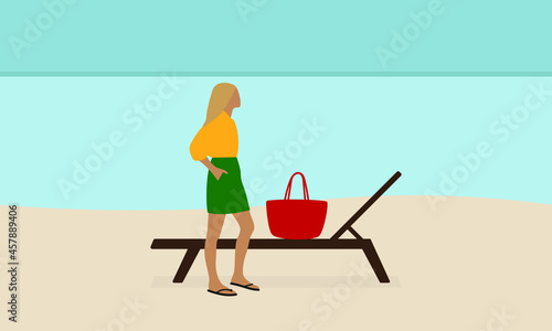 Female character with blond hair in summer clothes stands on the beach near a sun lounger