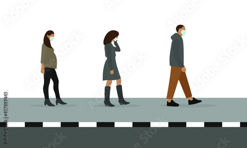 Male character, pregnant female character and female character talking on the phone wearing medical masks walking on the sidewalk on a white background