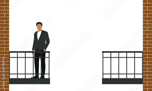 Male character in business attire stands on one of two balconies on a white background
