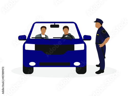 Policeman in uniform stands near a car with a driver and a passenger on a white background