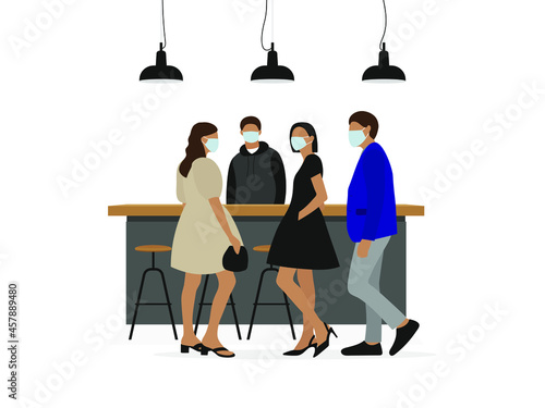 Two female characters and a male character in elegant clothes, as well as a bartender wearing medical masks stand near a bar table on a white background