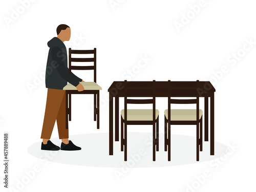 Male character with a chair in his hands stands near a table and chairs on a white background